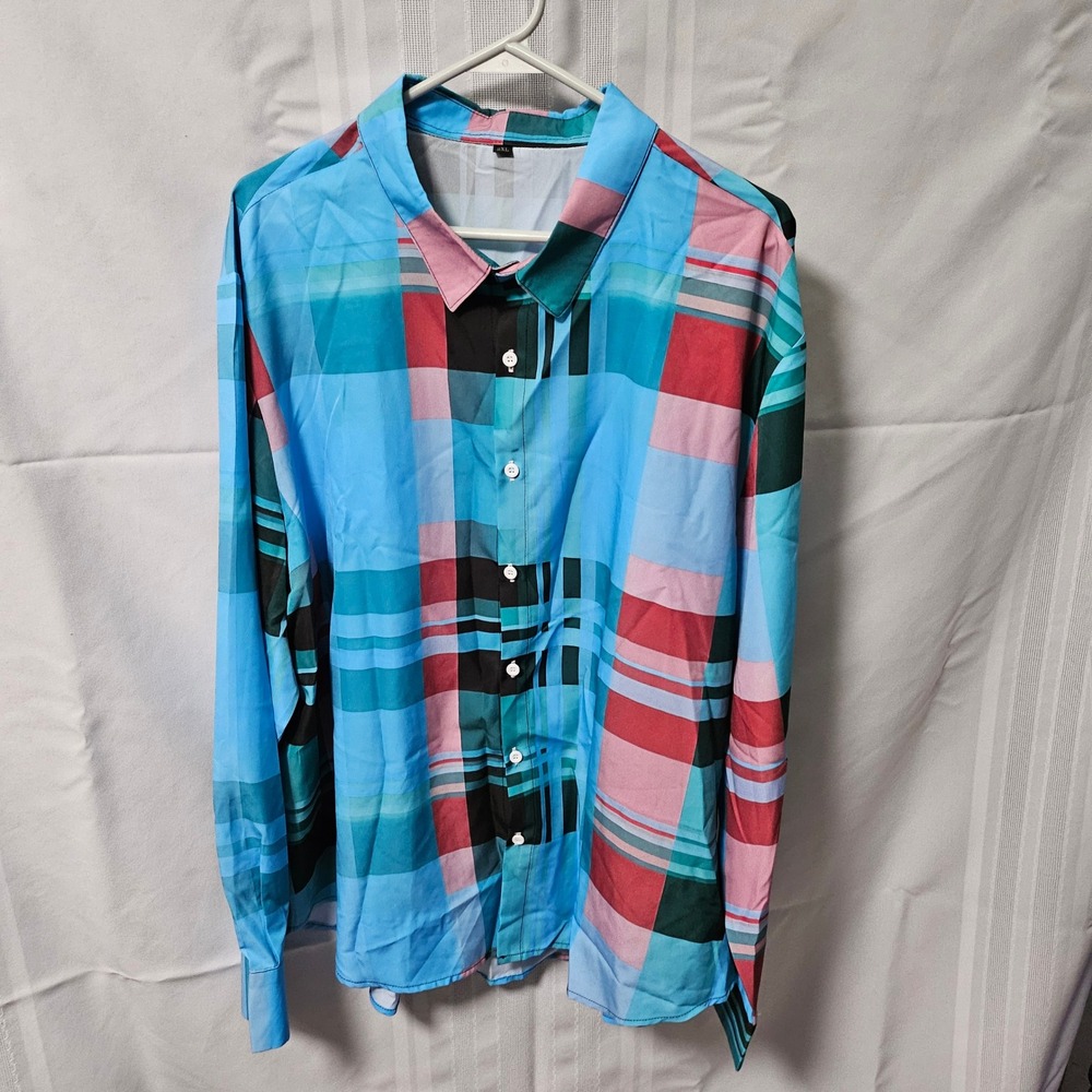 Unbranded Button Down Shirt Mens 2XL Blue Red Plaid Long Sleeve Graphic Casual